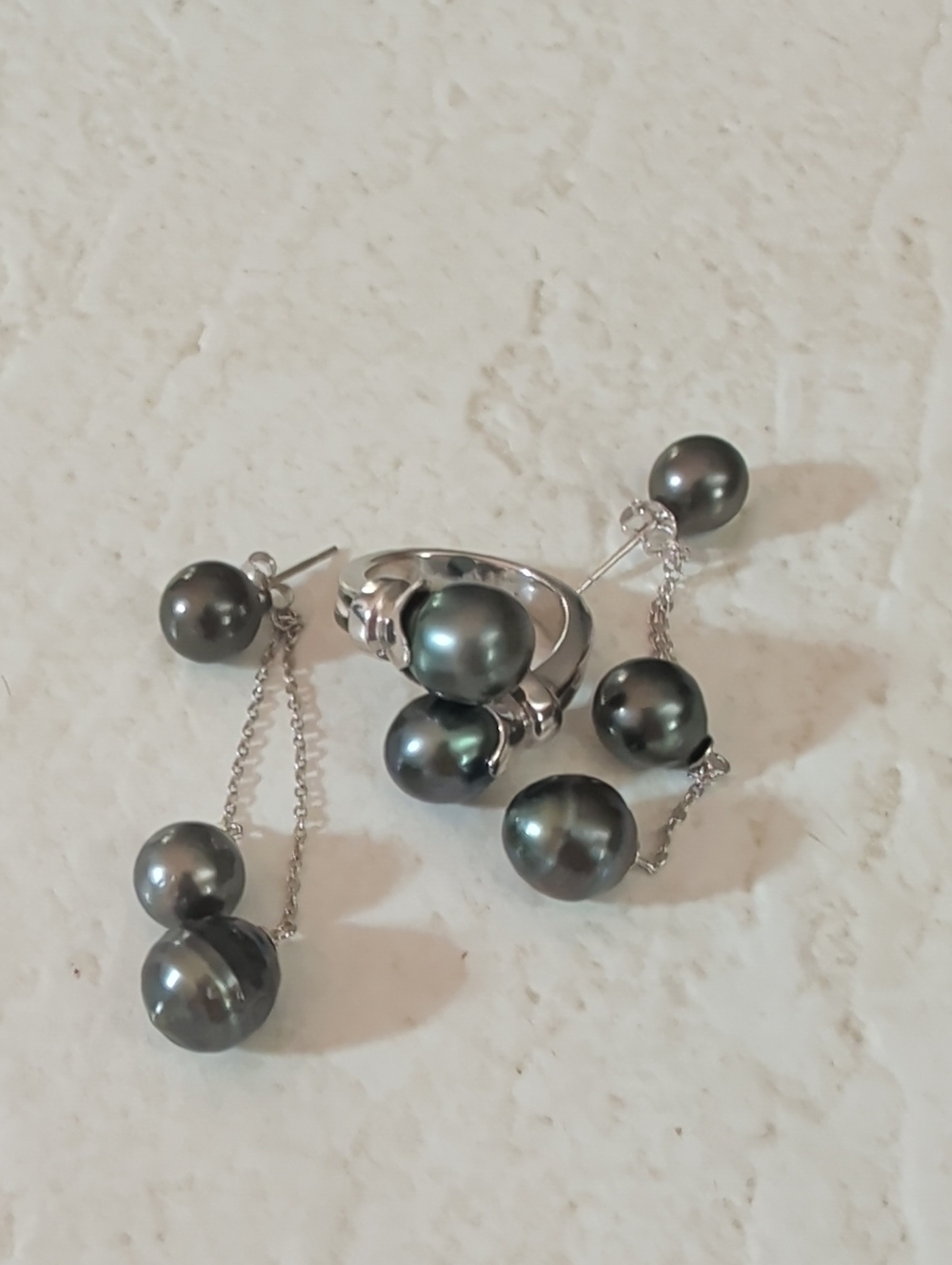 Tahitian Black Pearl Sterling Ring with Matching Drop Earrings
